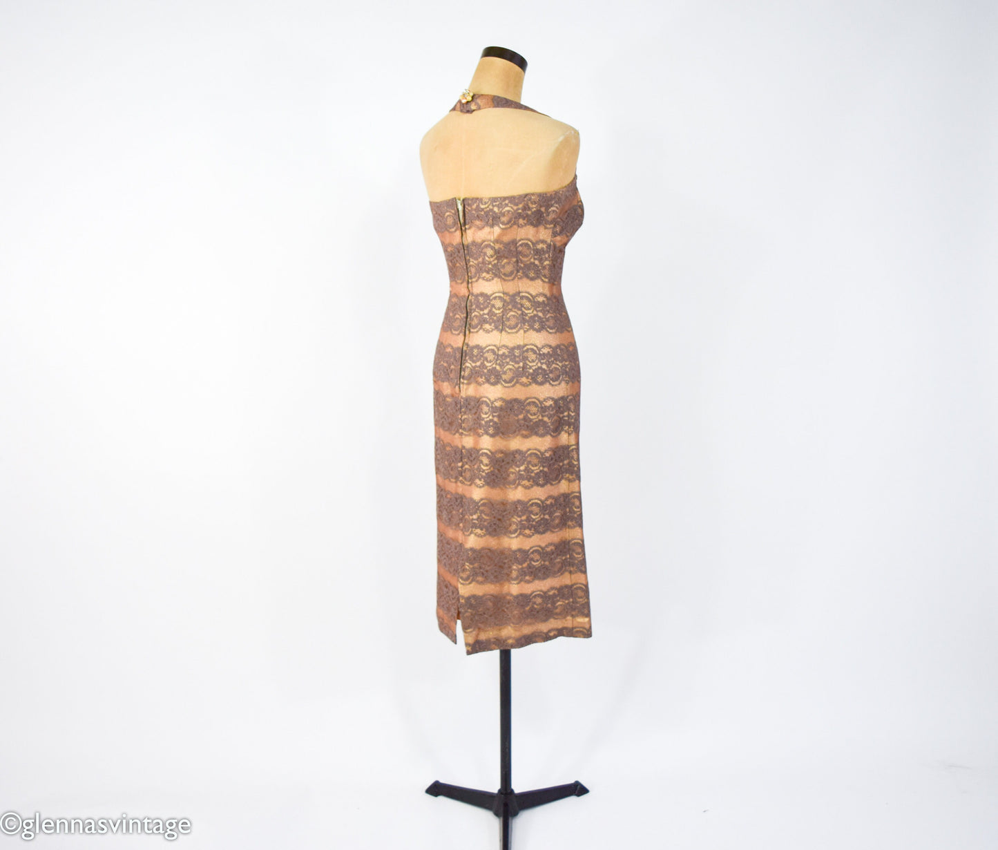 1950s Gold Lame & Brown Lace Sheath, Small