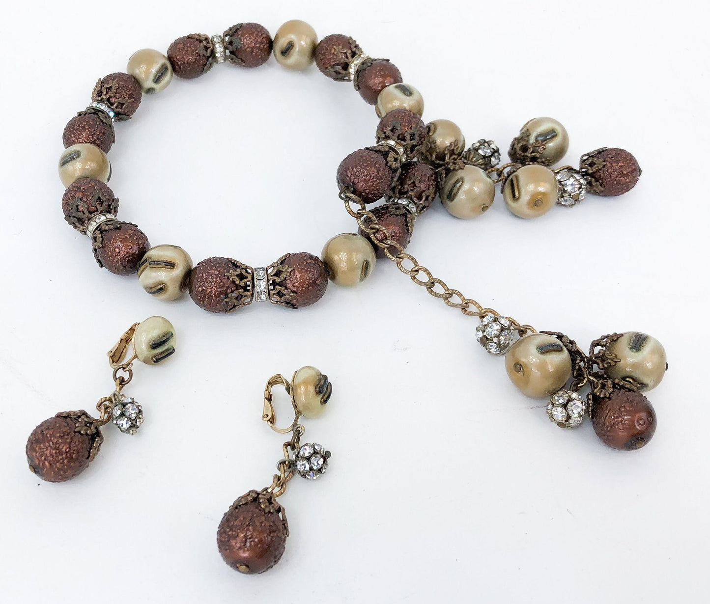 1950s Copper Bead Choker and Clip Earring Jewelry Set