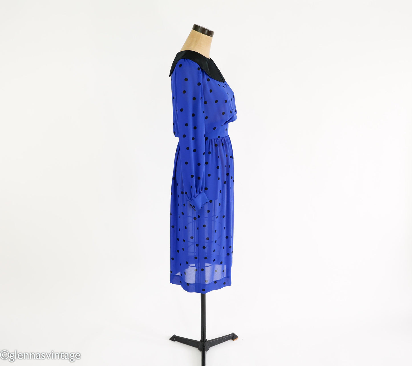 1980s Albert Nipon Blue Polka Dot Chiffon Dress, Small