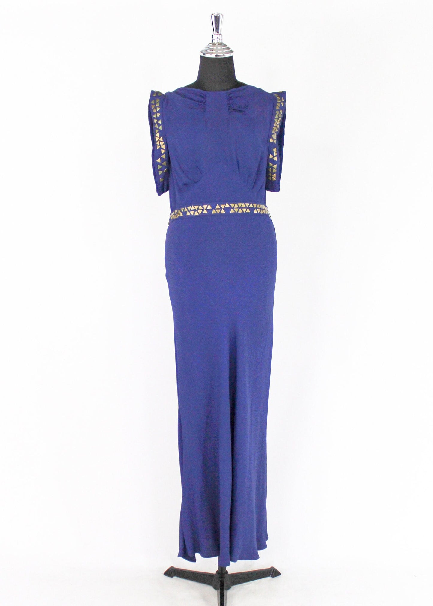 1930s Violet Purple Crepe Evening Dress, Grecian Style Brass Studded Gown, Medium