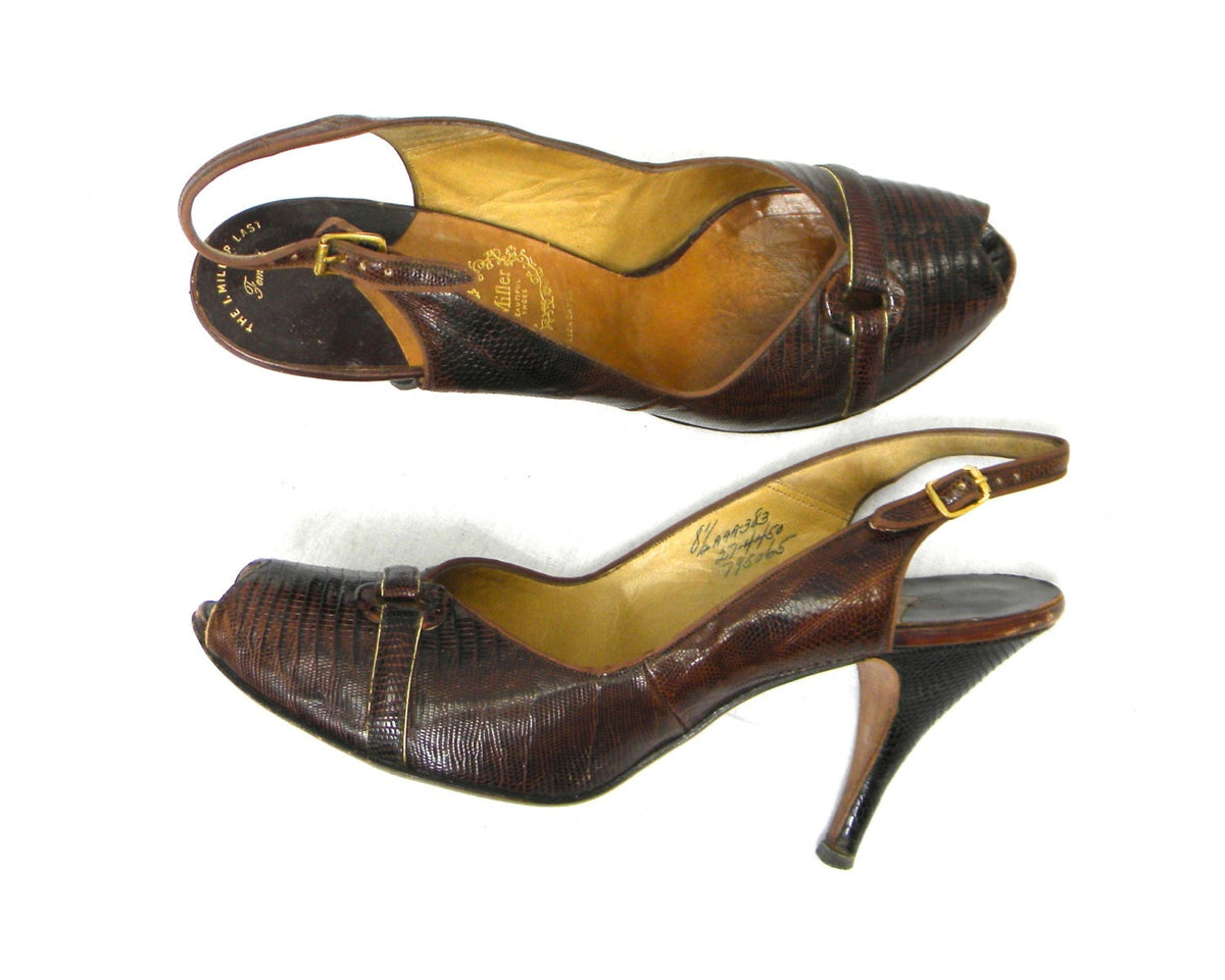 1950s Brown Lizard Skin Slingback Pumps Leather Heels, 8.5 Narrow, 39