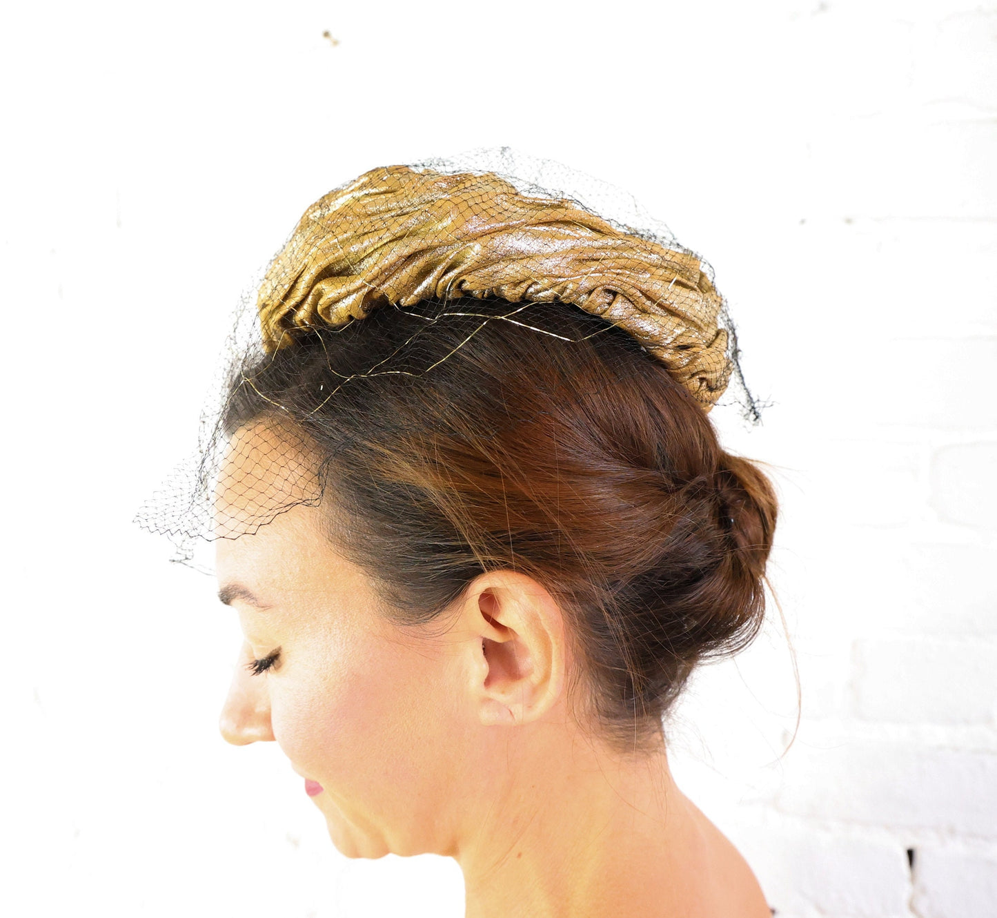 1950s Metallic Gold Fabric Hat | 50s Gold Metallic Gathered Hat