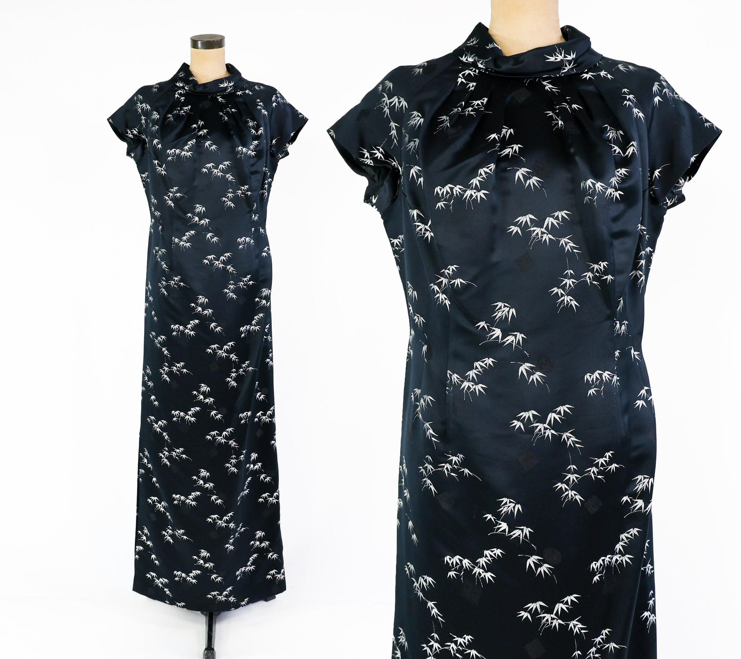 1950s Black & Silver Silk Evening Dress, Long Cheongsam Style Evening Dress, Large