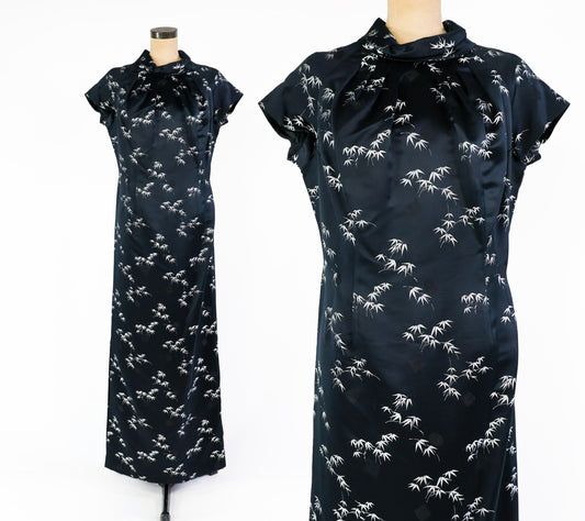 1950s Black & Silver Silk Evening Dress, Long Cheongsam Style Evening Dress, Large