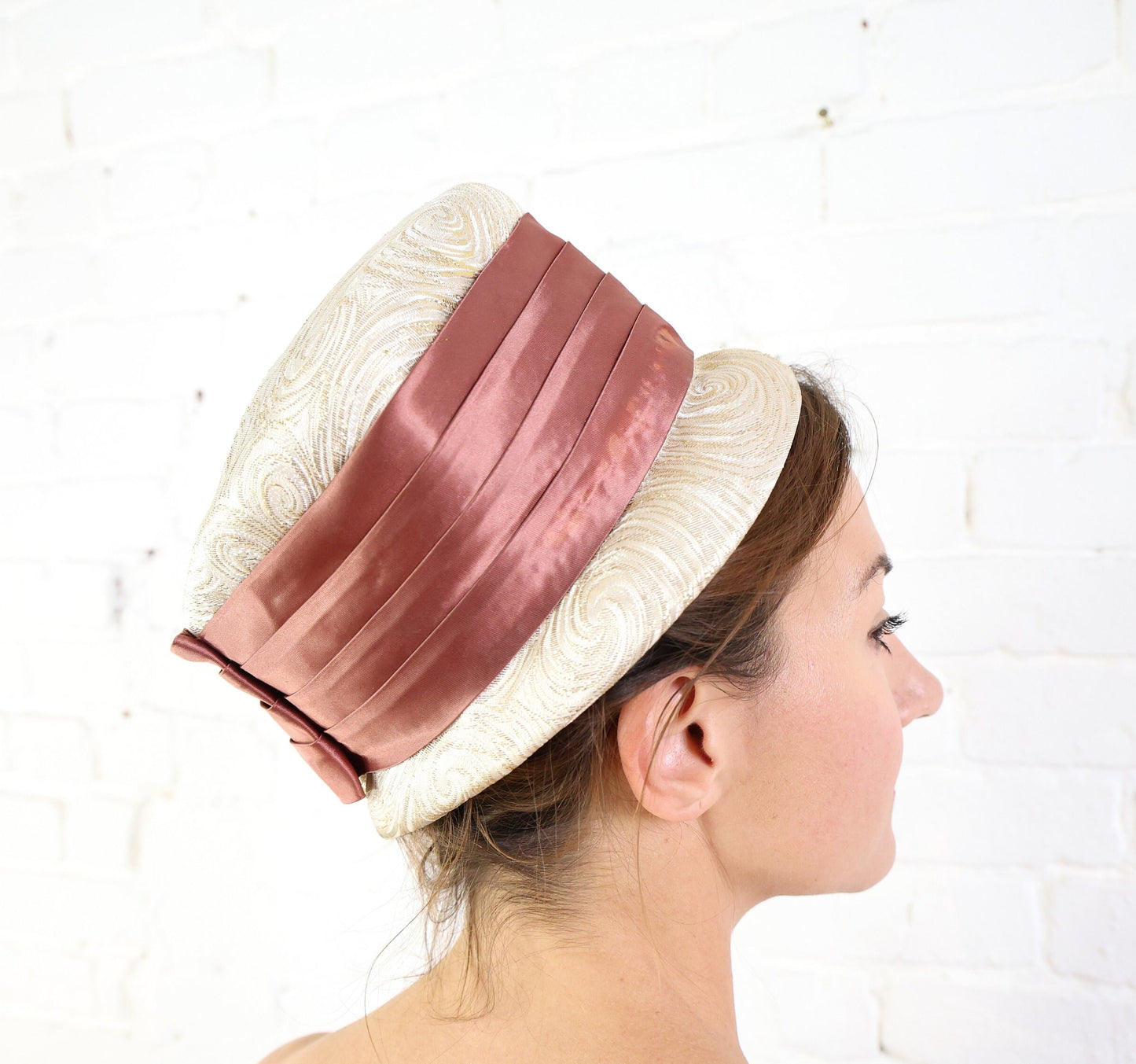 1960s Beige Brocade Bucket Hat | 60s Gold & White Tall Hat