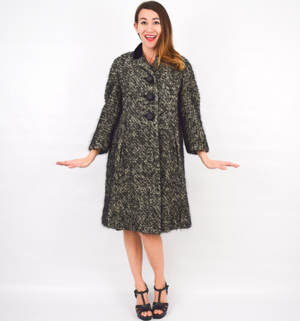 1960s Black Tweed Wool Coat | 60s Black Velvet & Mohair Wool Coat | Red Satin Lining | I. Magnin | Large
