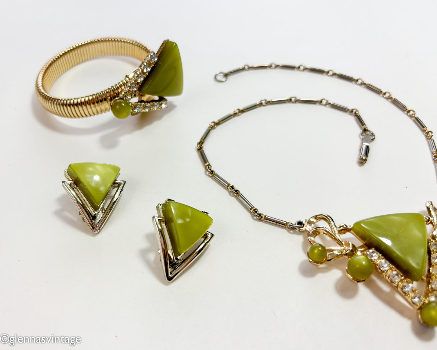 1960s Olive Green Thermoplastic Jewelry Set, Necklace Bracelet & Earrings