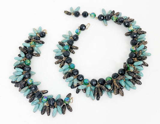 1960s Blue & Black Glass Necklace Set | 60s Turquoise Glass Fringe Bead Choker Set