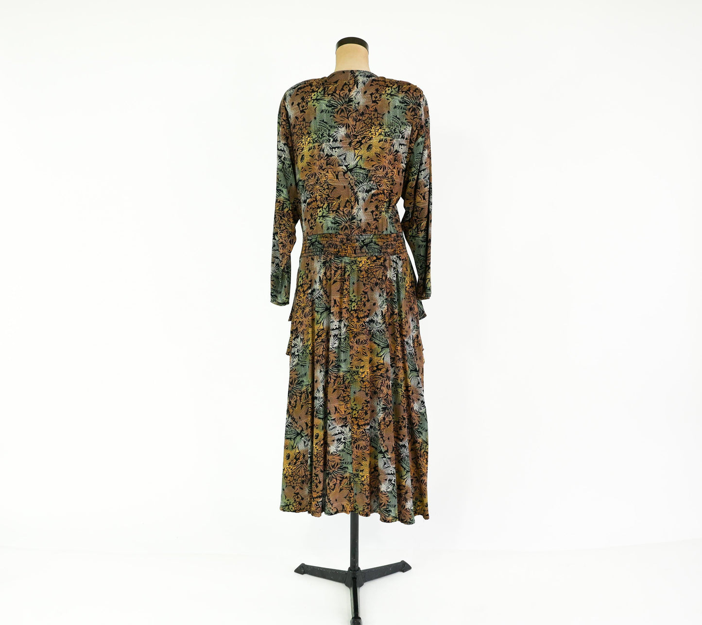 1980s Brown Floral Print Dress, Extra Large, Waist up to 36"