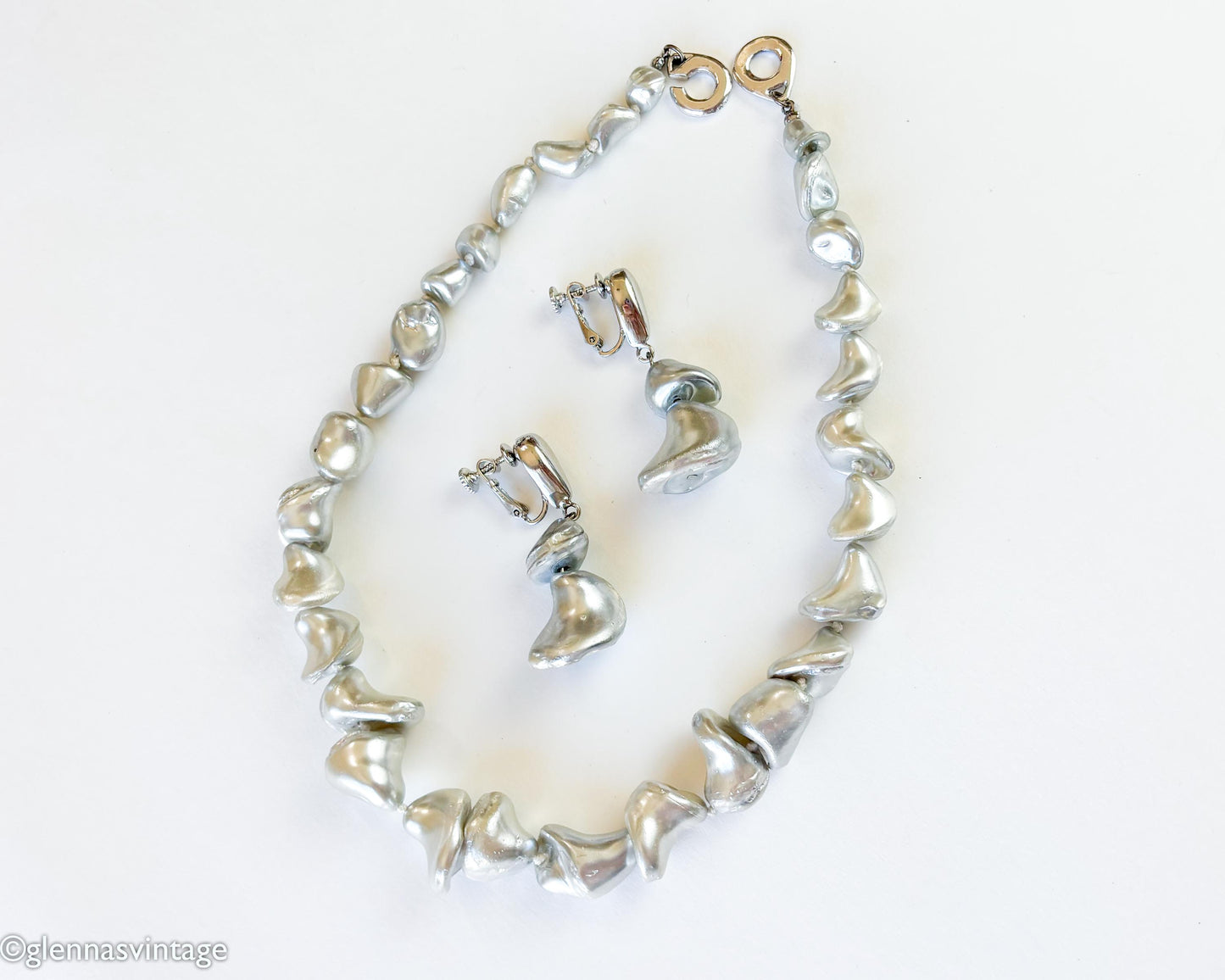 1950s Vintage Les Bernard Gray Faux Pearl Necklace and Earrings Set