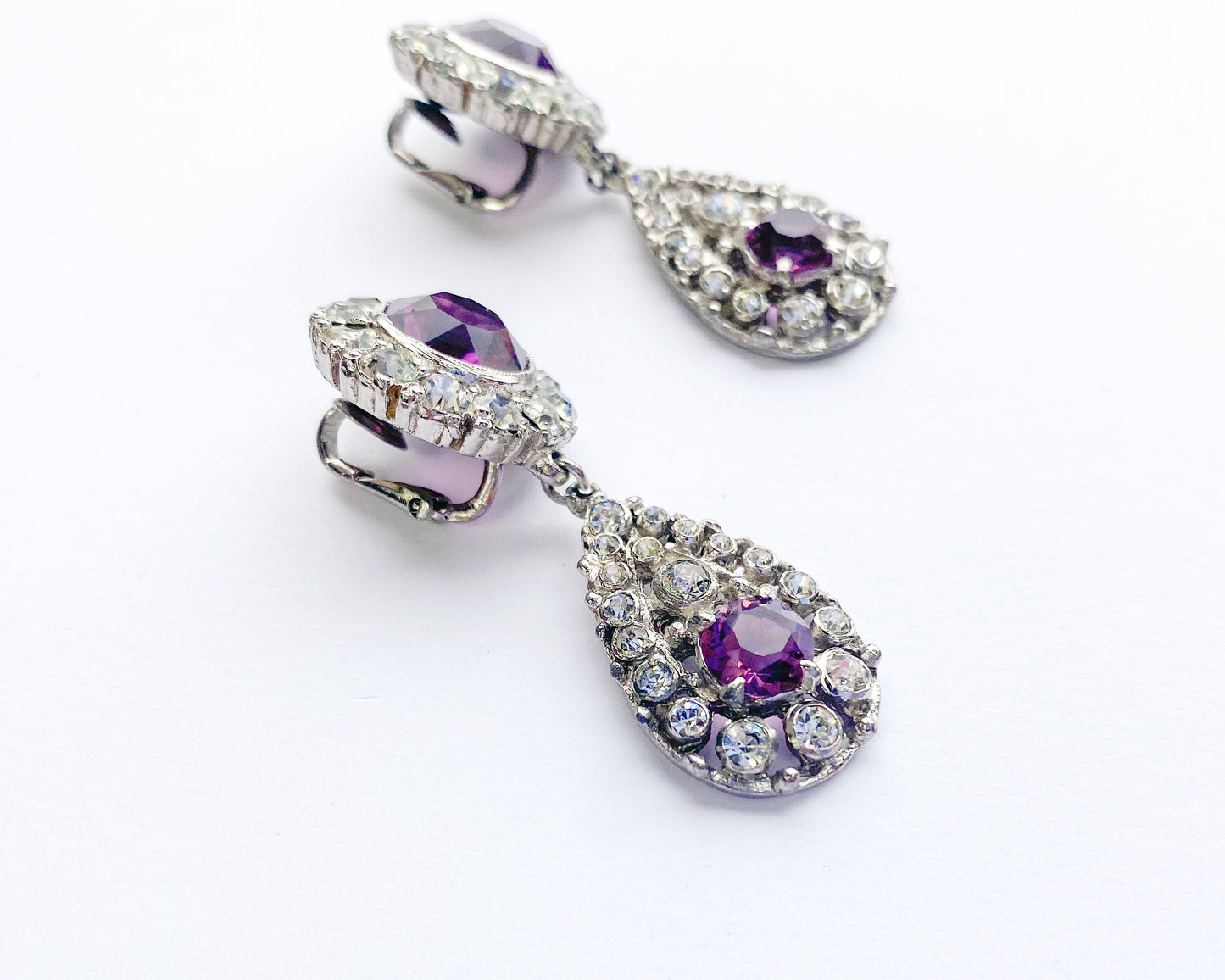 1960s Purple Rhinestone Dangle Earrings | 60s Purple & Rhinestone Drop Earrings
