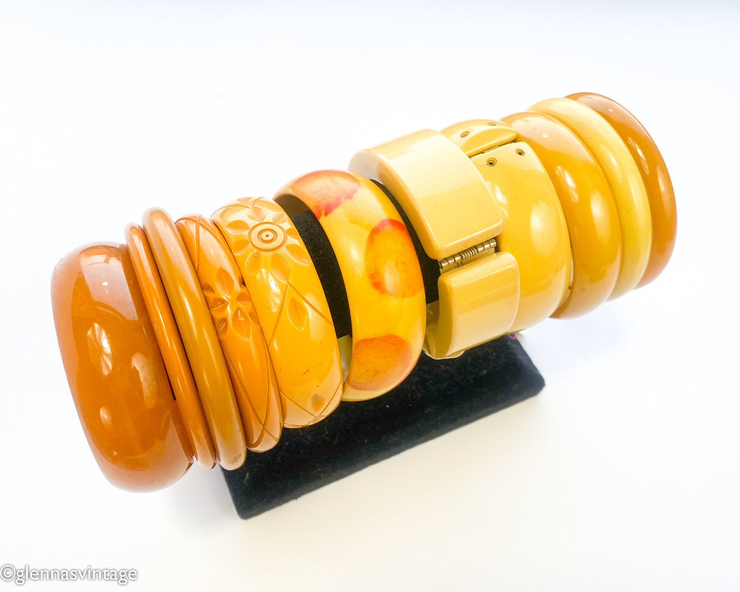 1930s Butterscotch Bakelite Bangle | Yellow Polka Dot Bracelet