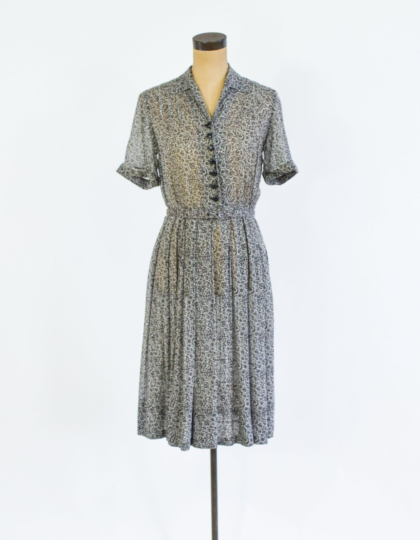 1950s Black & White Print Shirtwaist Dress, Medium