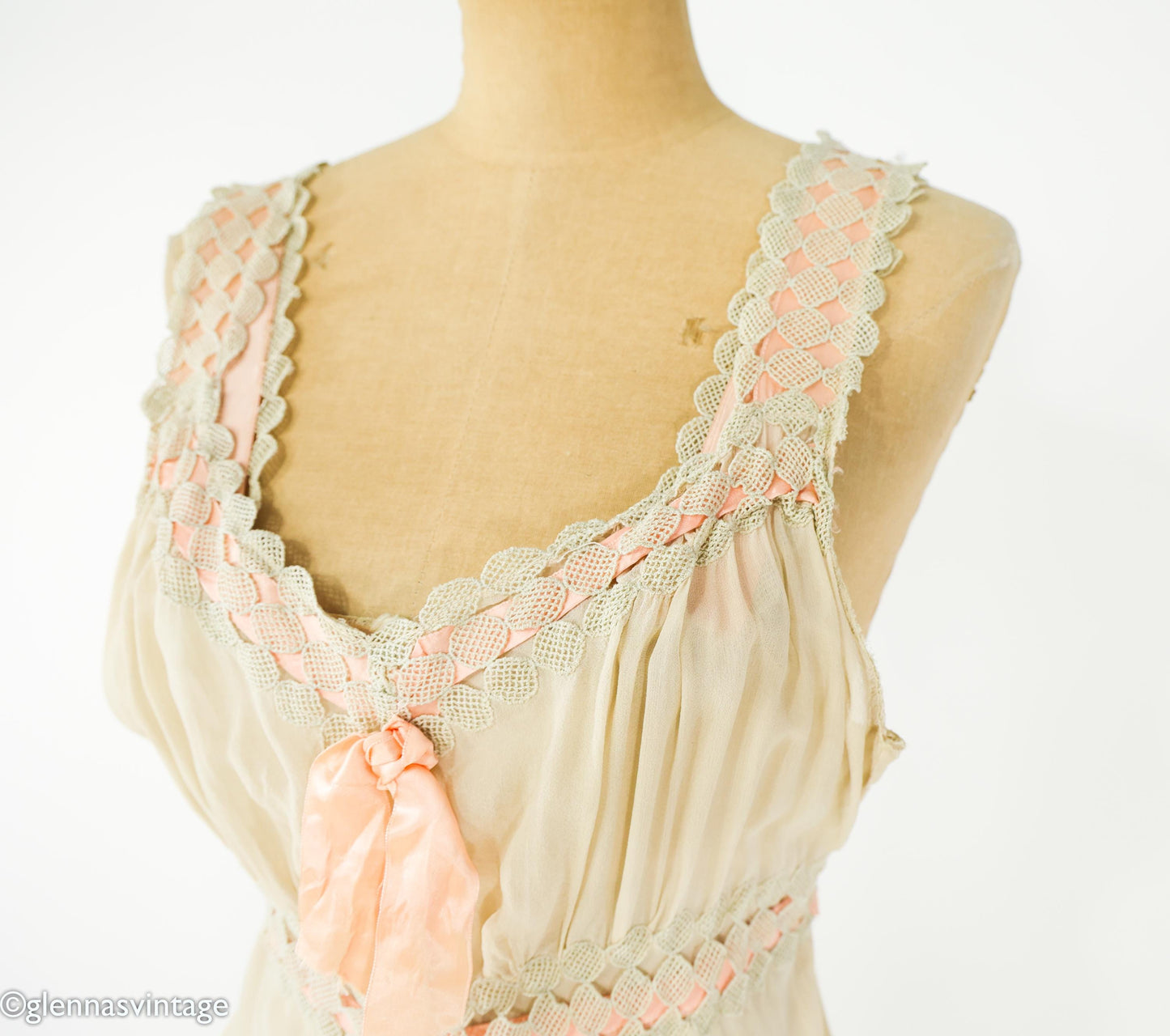1930s Ivory Silk Chiffon Peignoir Set, Vintage Lace Nightgown, Small