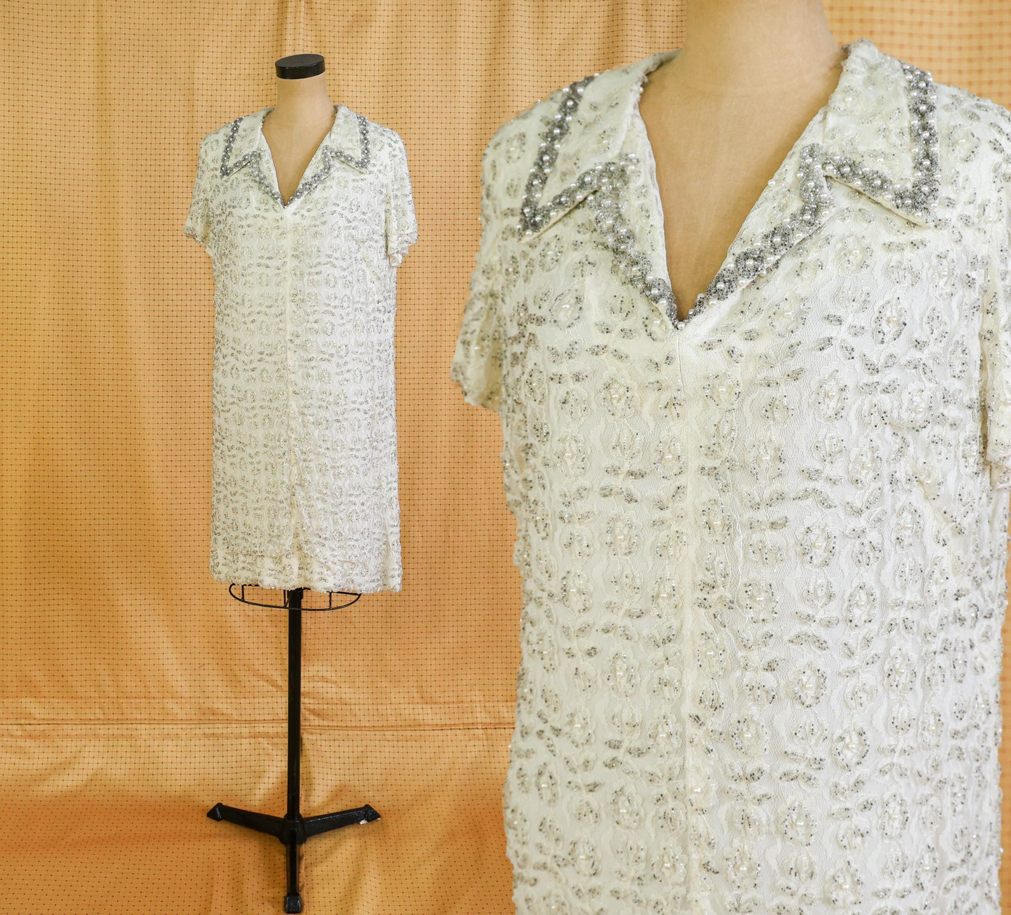 1960s White Silver Beaded Shift Dress, Short Wedding Dress, Extra Large