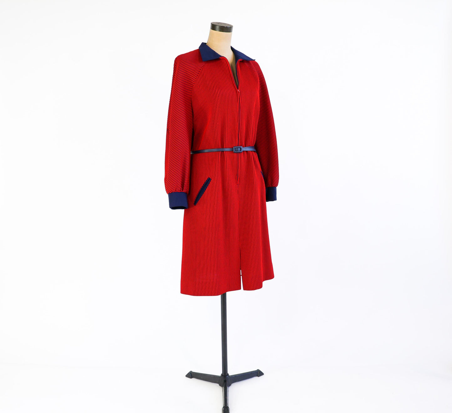 1960s Red Navy Striped Knit Dress , Extra Large, 40" Waist