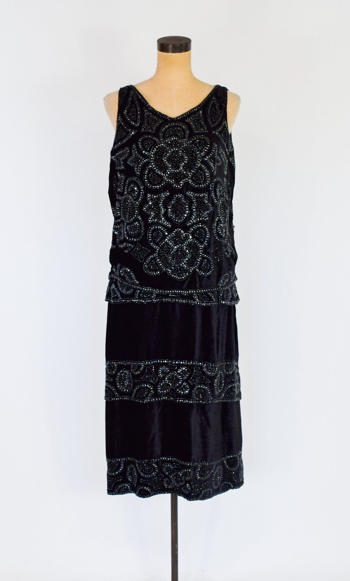 1900s Beaded Black Velvet Evening Set Dress, Downton Abbey, Gatsby
