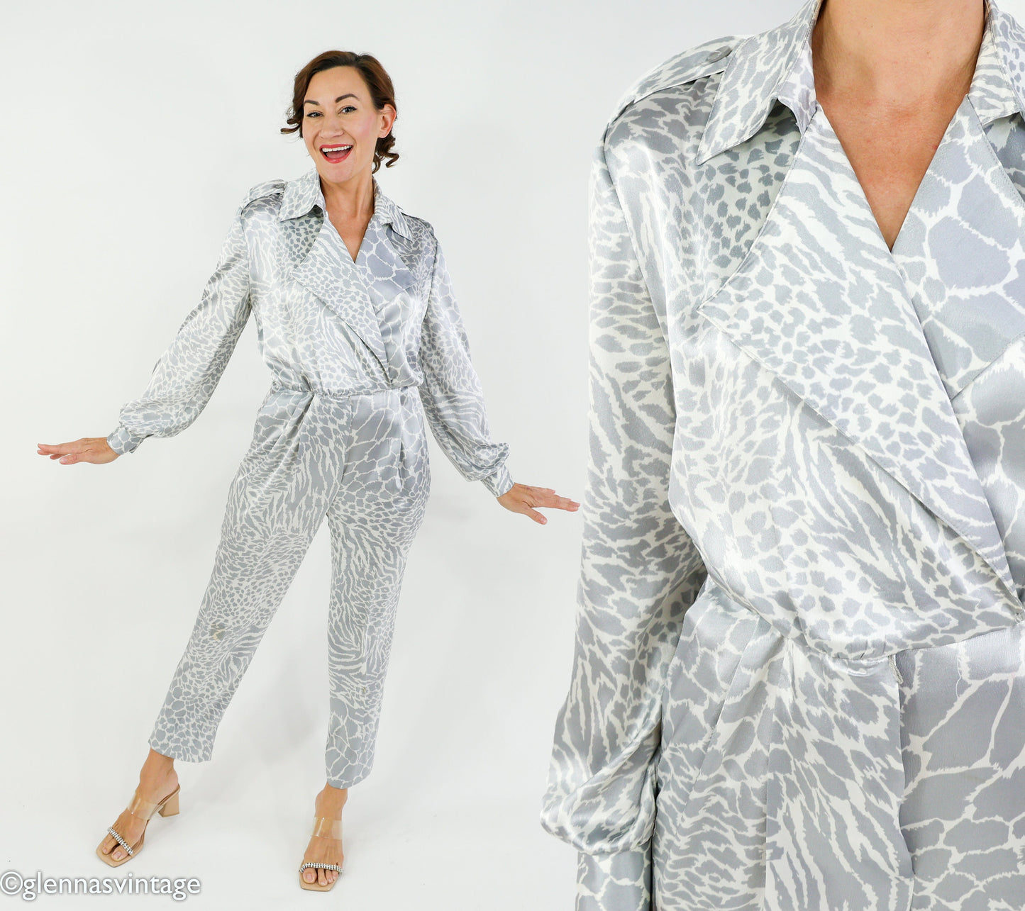1980s Giraffe Silver Print Jumpsuit | 80s Silver Jumpsuit | Caron | Medium