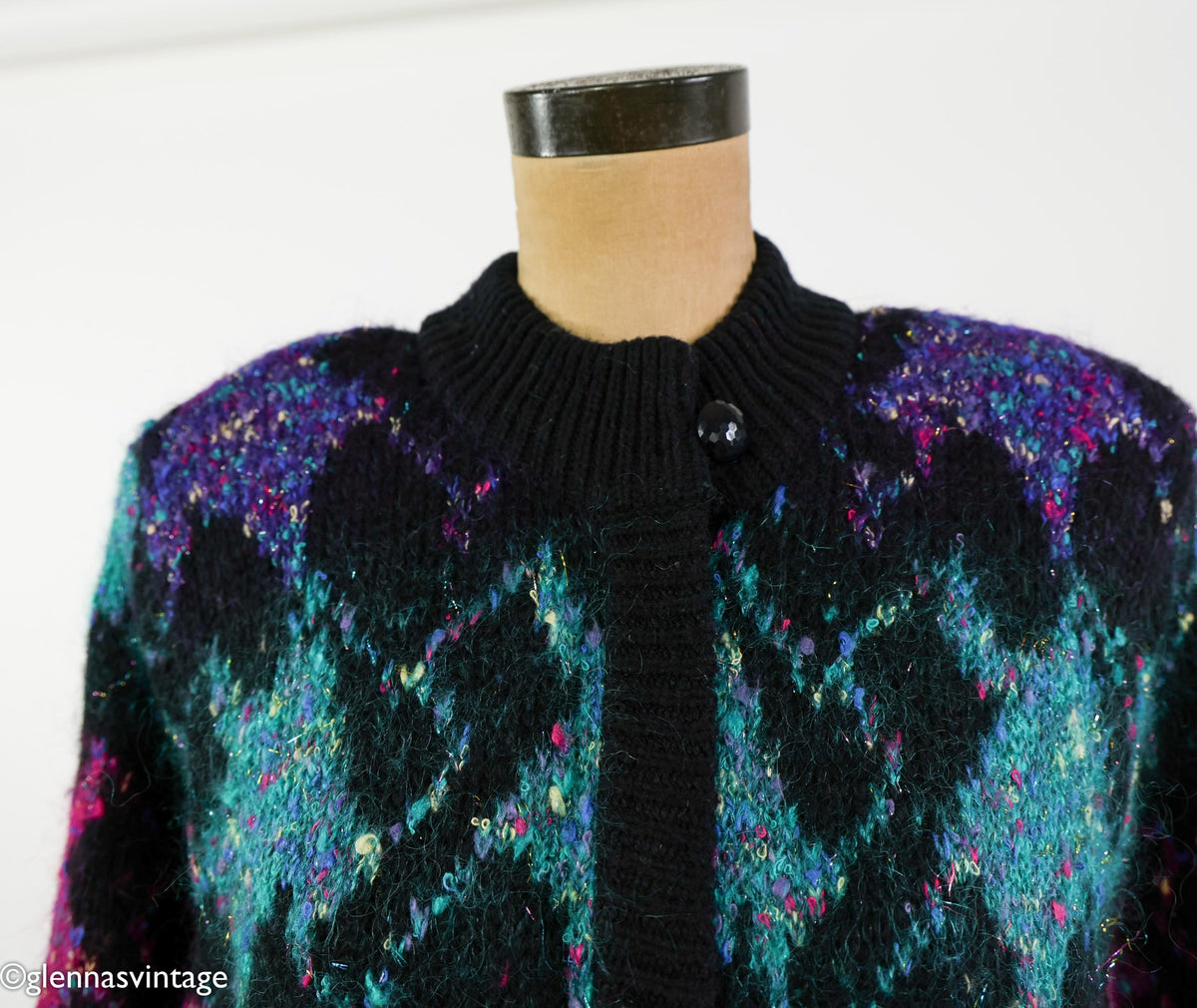 1980s Black Purple Metallic Knit Sweater Jacket, Lily of California, XL