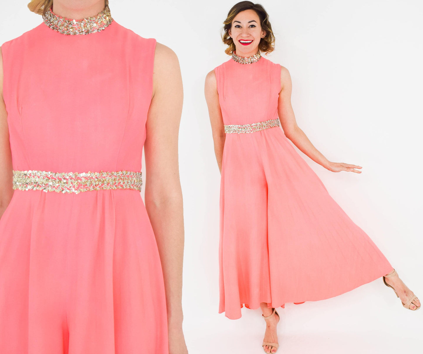 1960s Coral Crepe Palazzo Jumpsuit, Small