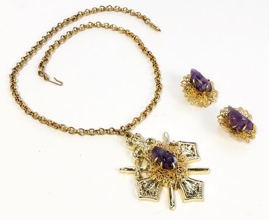 Coro | 1960s Gold & Purple Necklace Earrings Set | 60s Purple Agate Necklace Set | Coro
