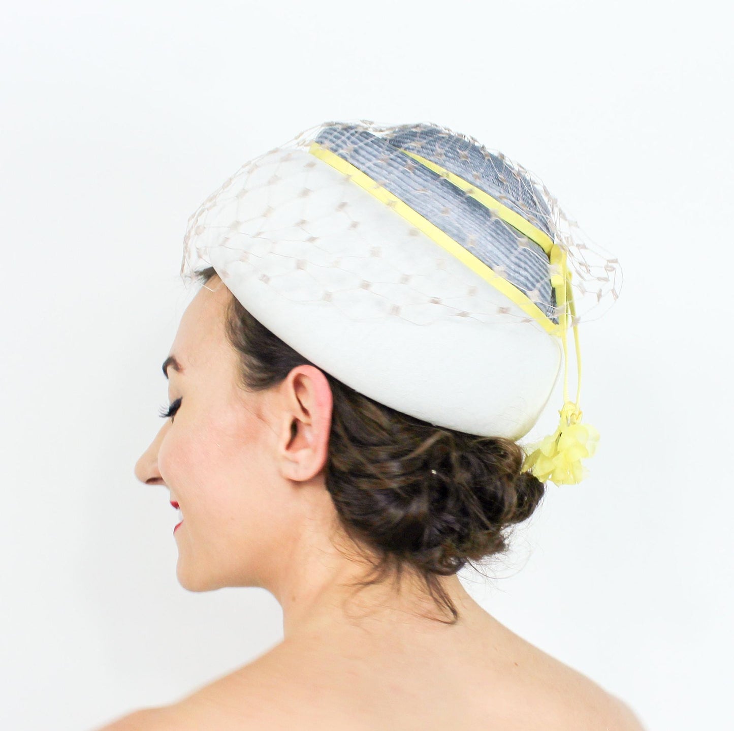 1960s White Yellow & Gray Pillbox Hat, Coralie Hat
