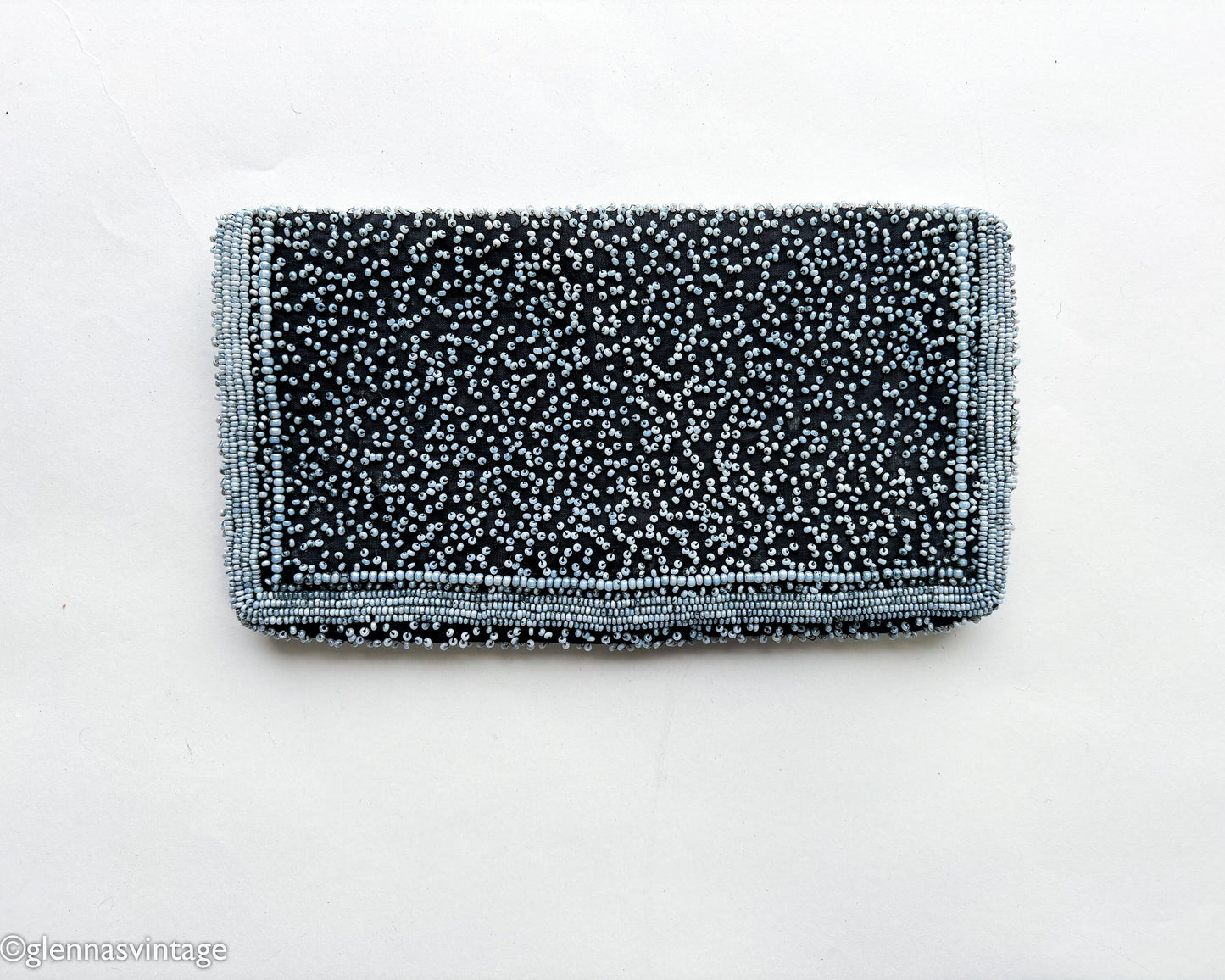 1950s Black & Blue Beaded Clutch | 50s Pale Blue Seed Bead Clutch