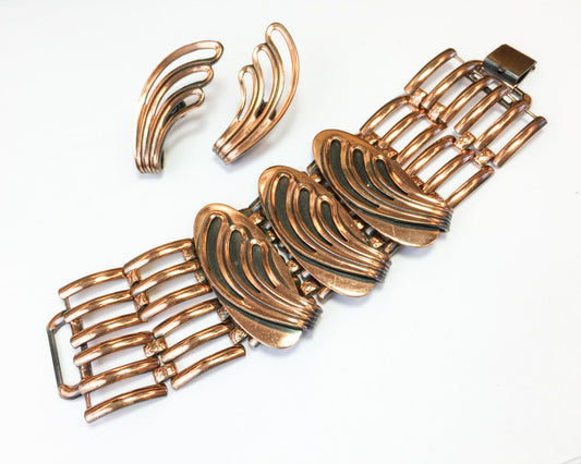 1950s Copper Bracelet &  Earring Set | 50s Modernist Copper Link Swirls Bracelet Set