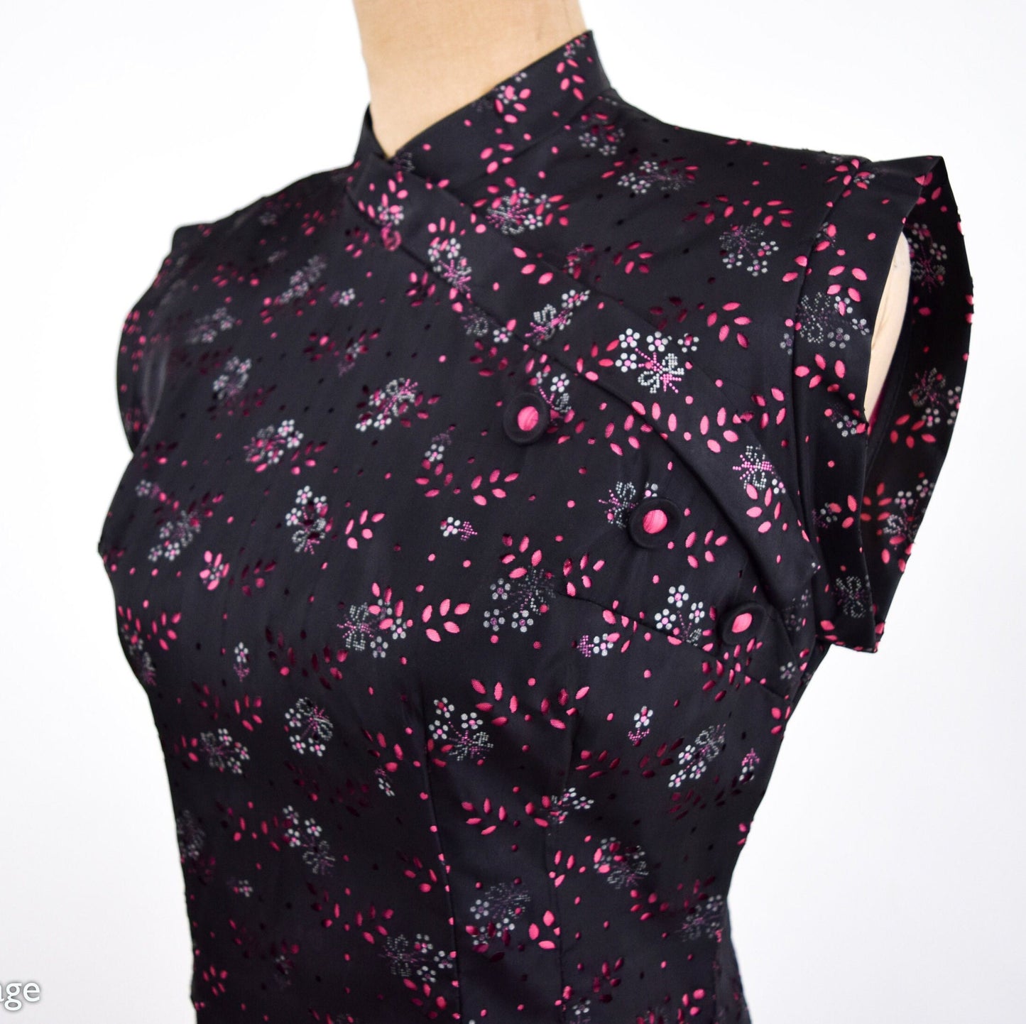 1950s Black & Pink Floral Cheongsam Dress in Eyelet Taffeta, Medium