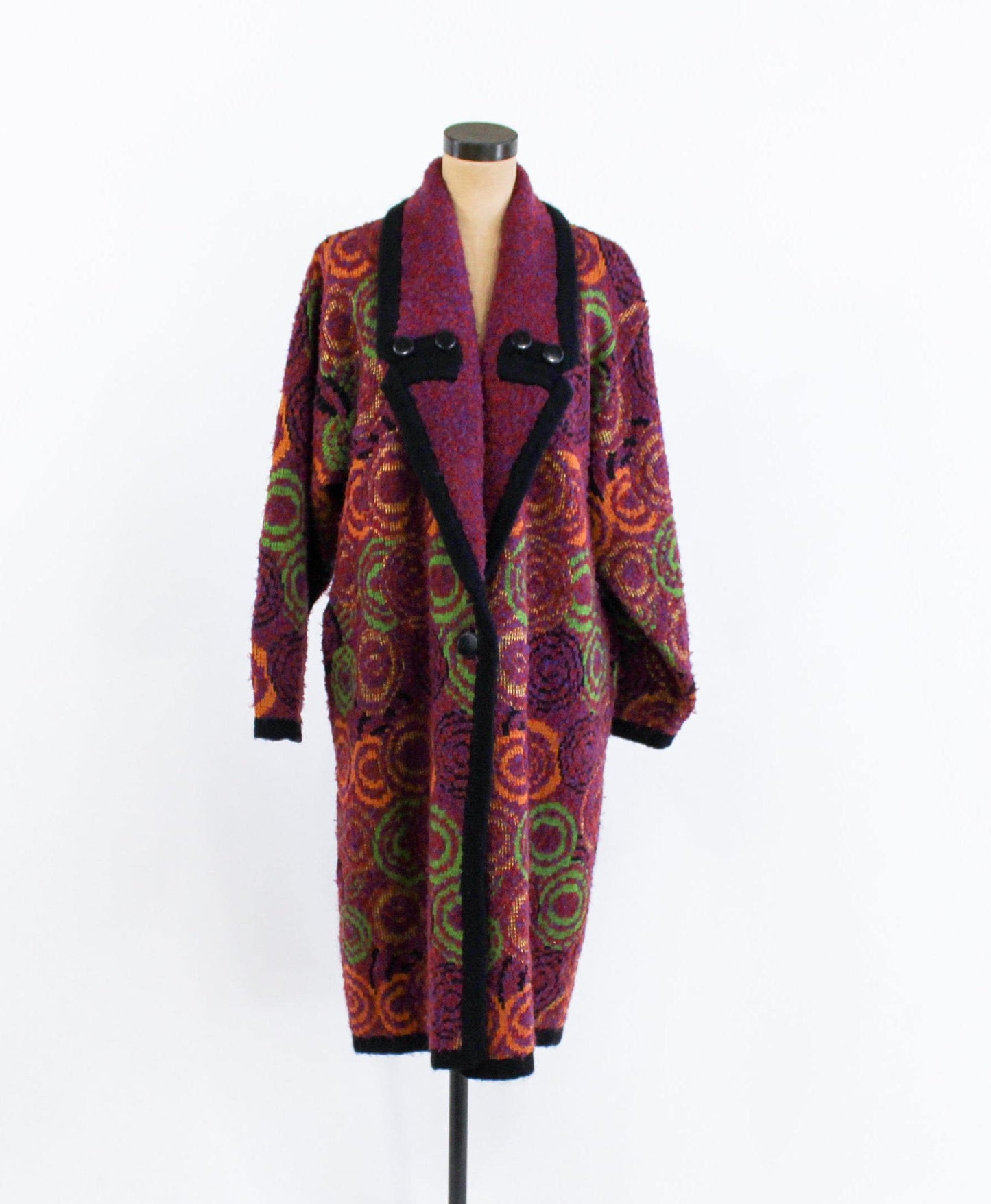 1980s Colorful Autumn Colors Oversized Sweater Coat | 80s Maroon Abstract Sweater Coat | La Mittini Large