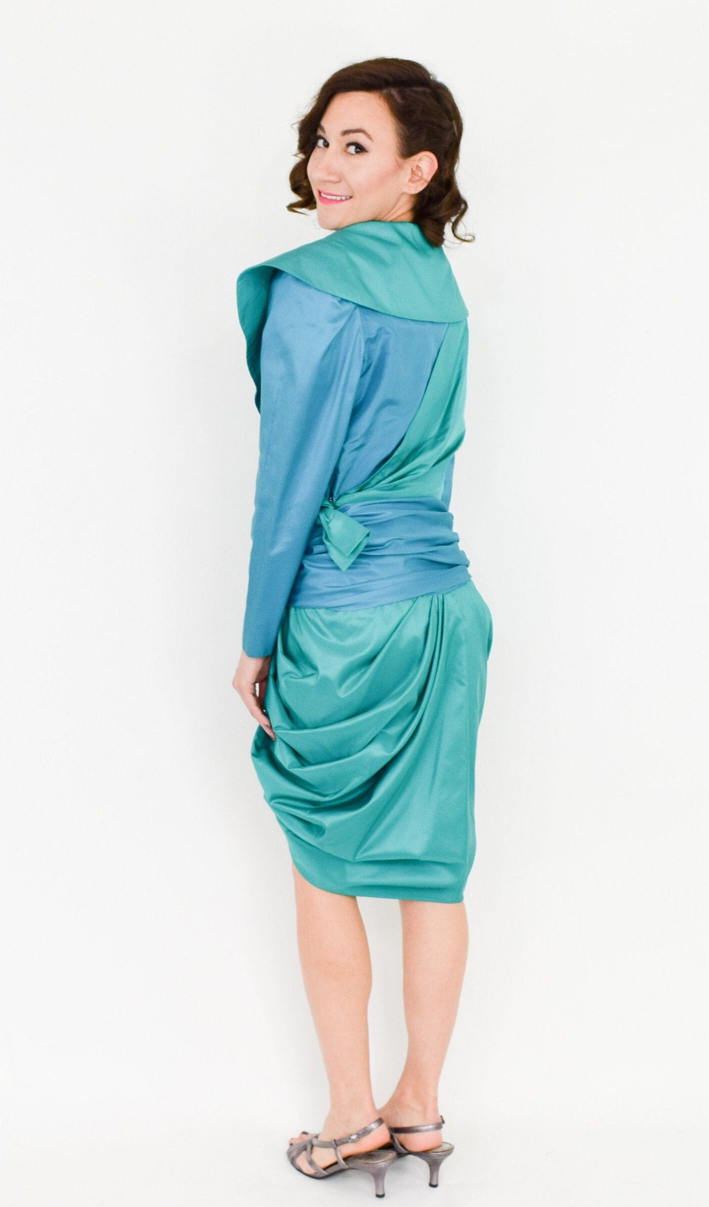 1990s Turquoise Blue Silk Taffeta Wrap Dress, Medium