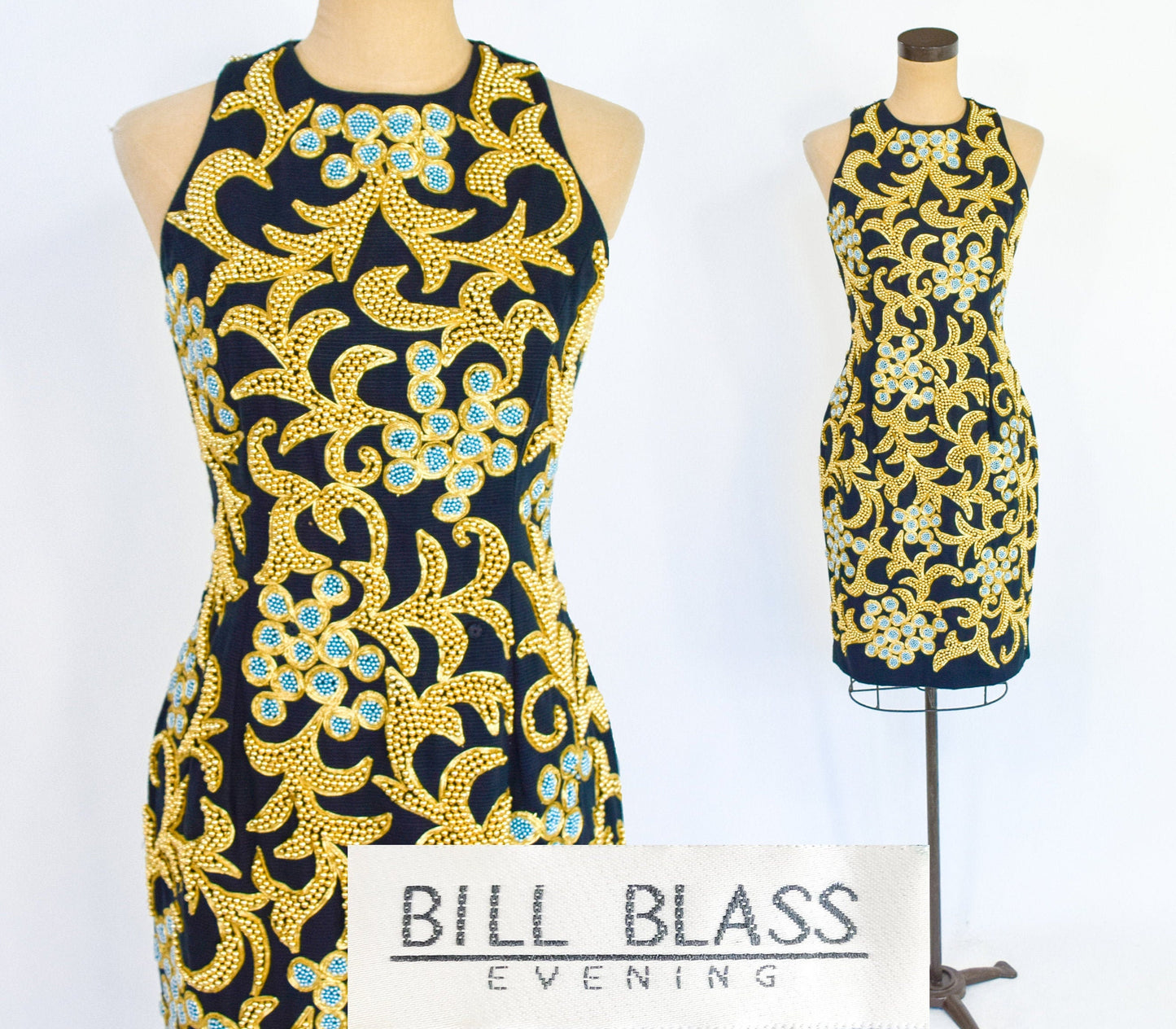 Bill Blass | 1980s Black & Gold Beaded Cocktail Dress | 80s Gold Beaded Black Sheath Dress | Bill Blass | Small