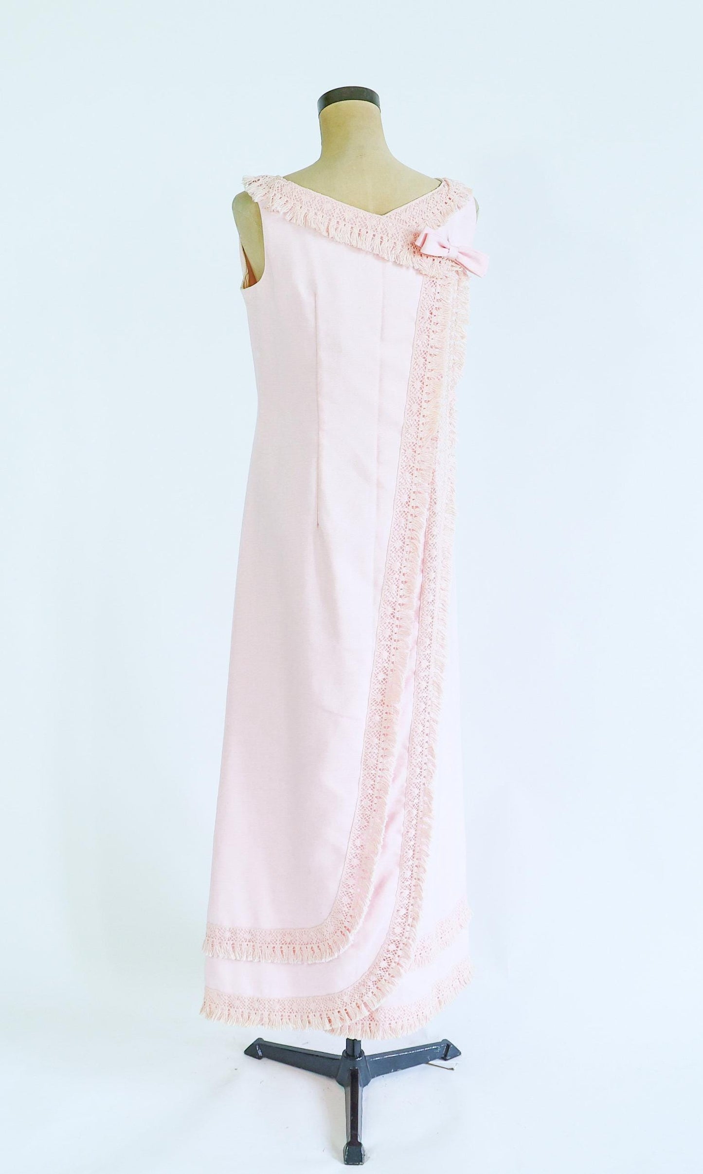 1960s Pink Fringe Column Dress | 60s Pale Pink Cotton Maxi Dress | Emma Domb | Medium
