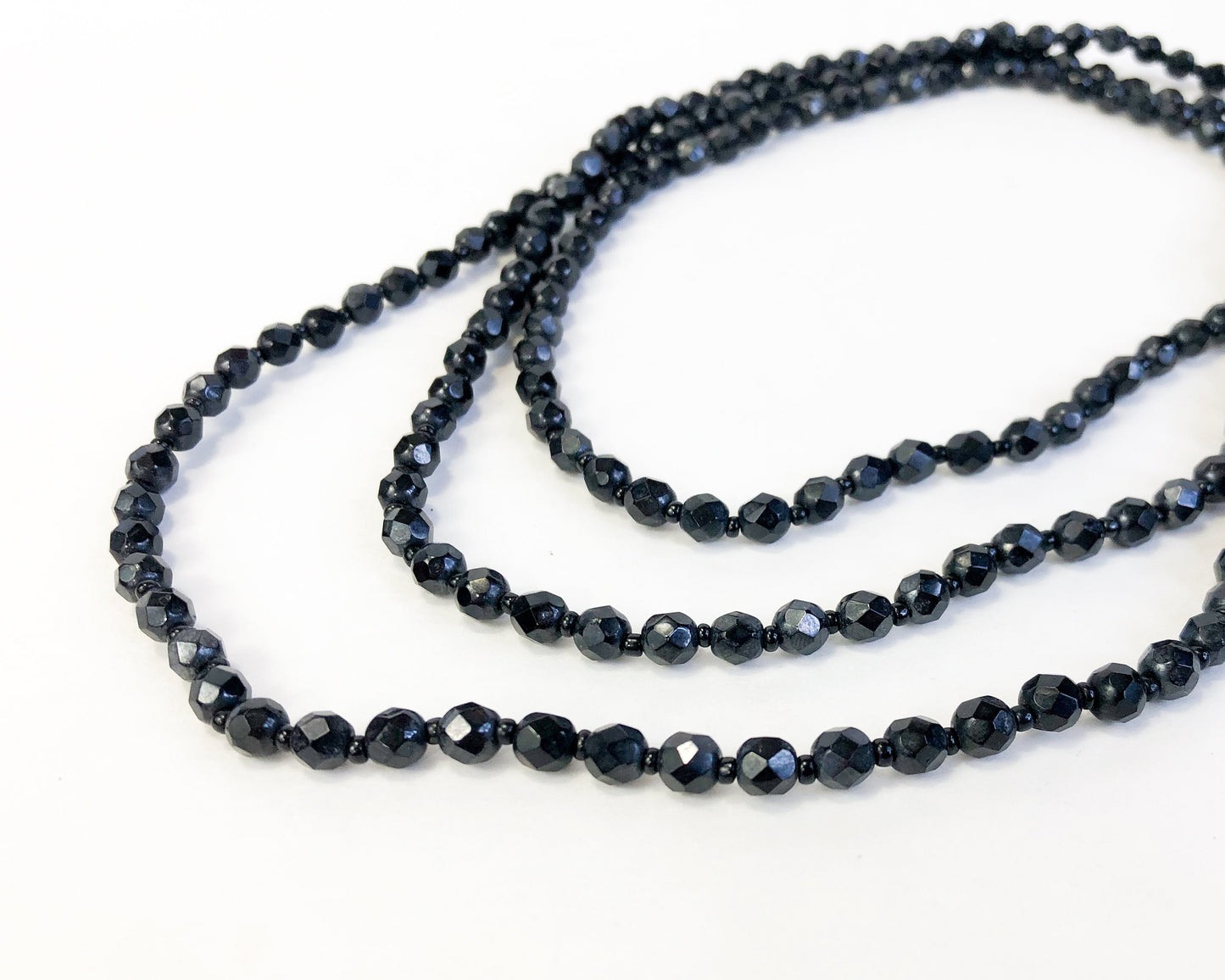 1960s Glass Beaded Necklace | 60s Black Faceted Glass Bead Rope