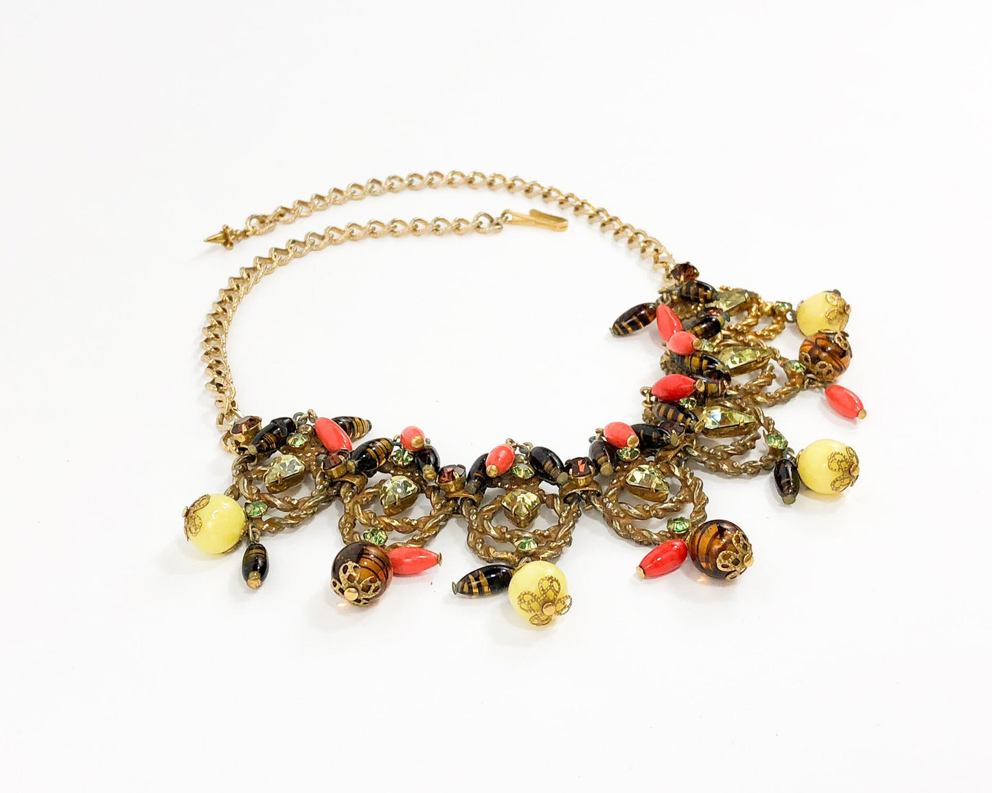 1940s Gold Rhinestone & Art Glass Necklace | 40s Gold Statement Necklace | Orange Yellow Glass Choker