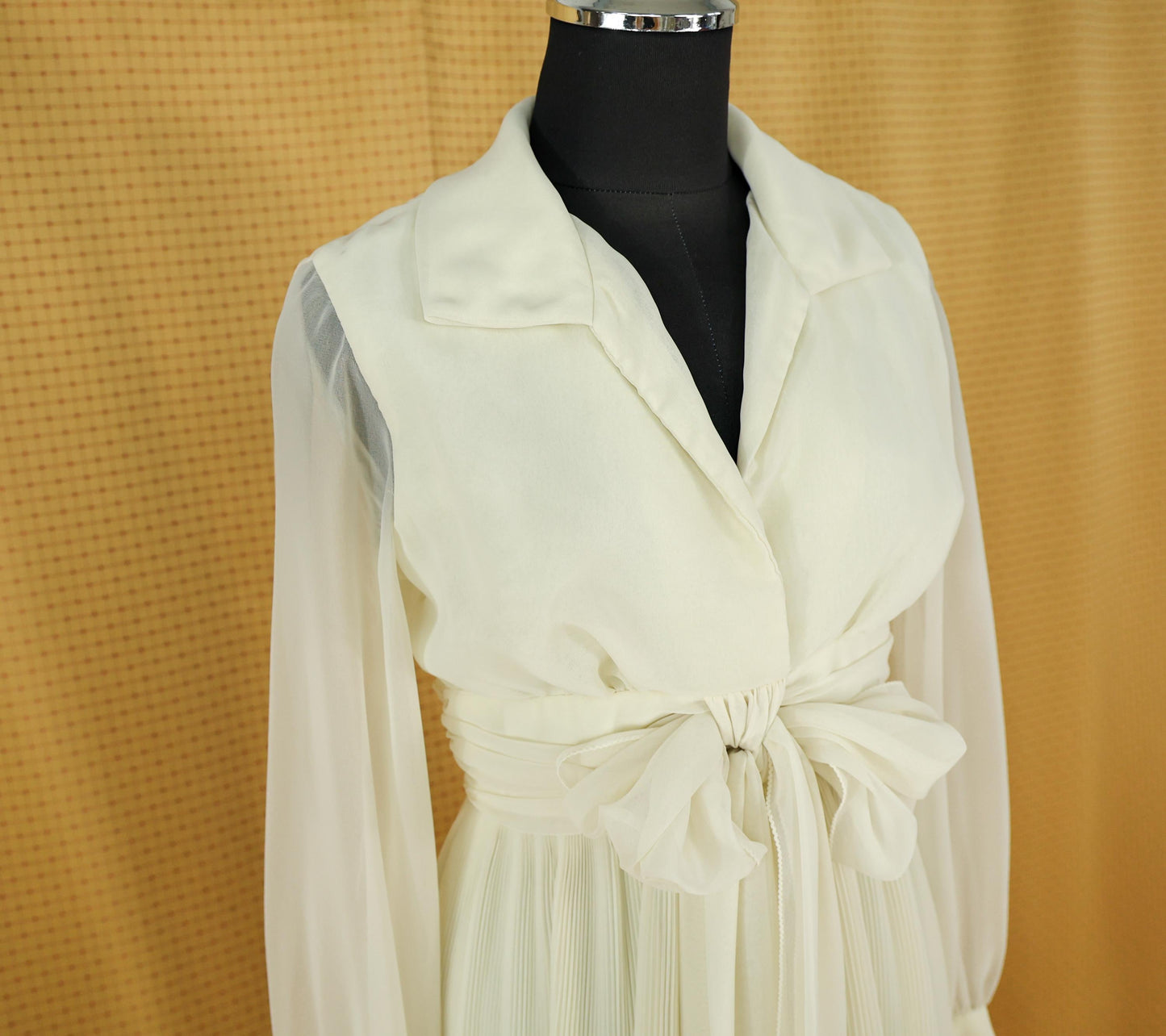 1970s Ivory Chiffon Wedding Dress, Romantic Pleated Maxi Gown, Small