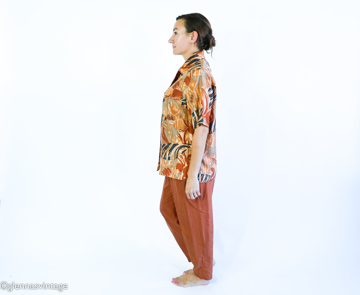 1980s Brown Tropical Print Silk Top Pant Set, Medium