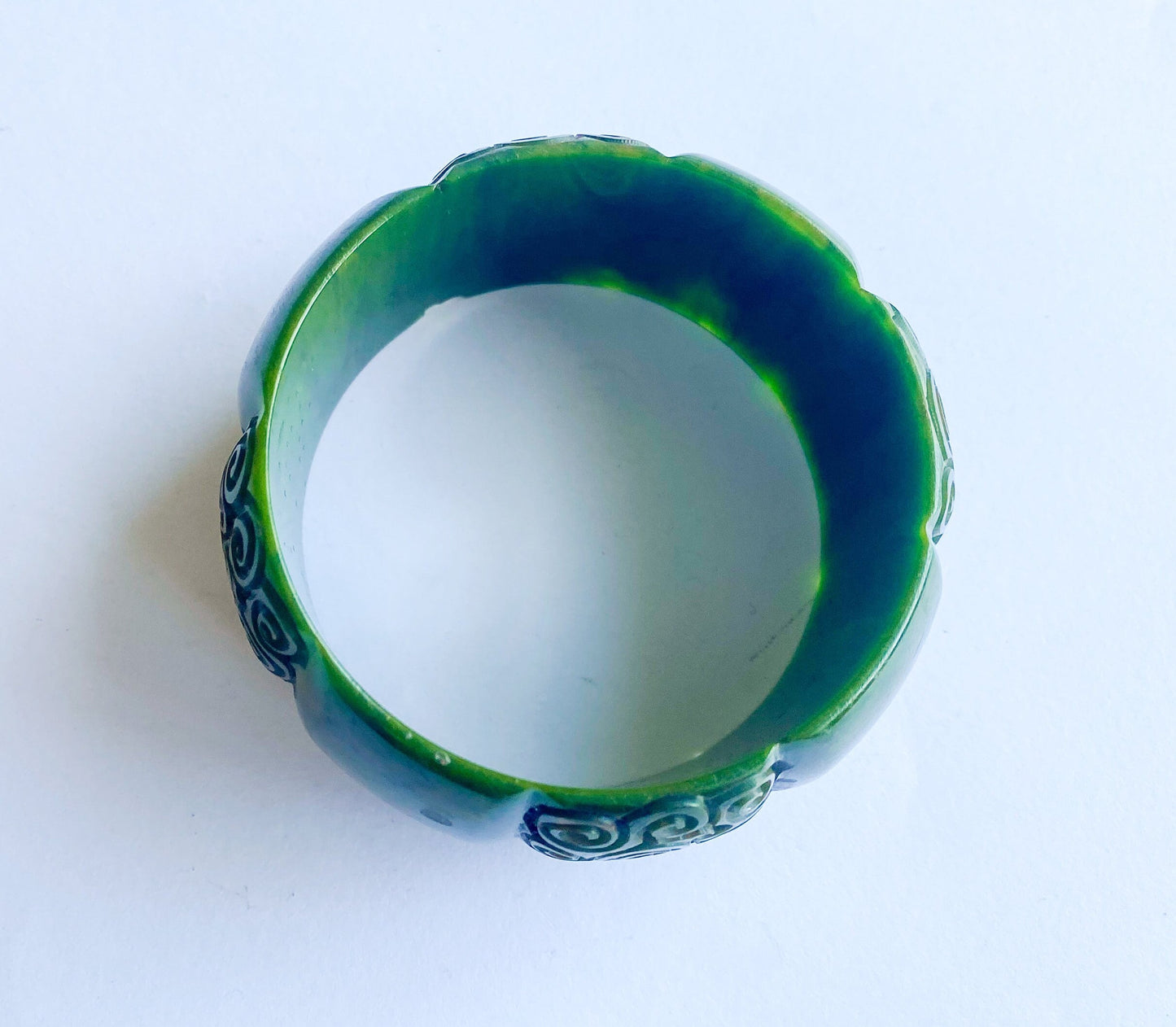1930s Carved Olive Green Bakelite Bangle | Vintage Wide Bracelet