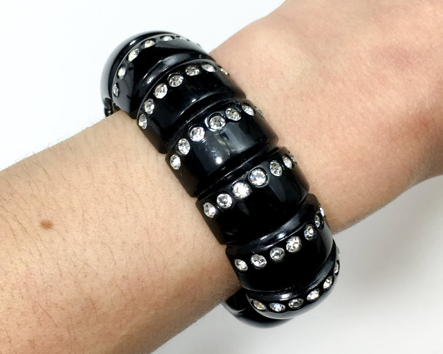 1950s Black Clamper Bracelet | 50s Black Lucite & Rhinestone Bracelet