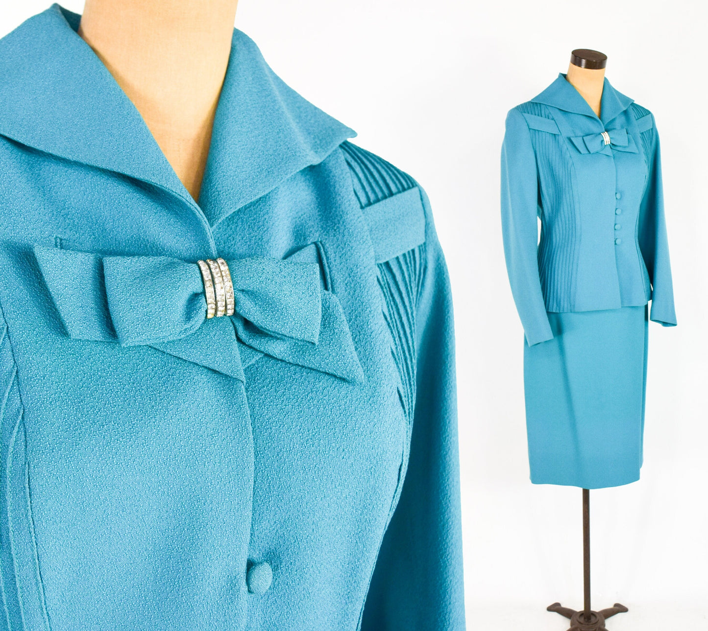 Lilli Ann | 1950s Blue Wool Crepe Suit | 50s Turquoise Blue Wool Crepe Suit | Lilli Ann | Medium