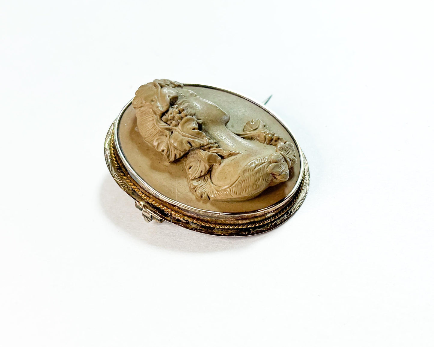 1930s Brown Carved Stone Cameo Brooch, Etched Bronze Frame