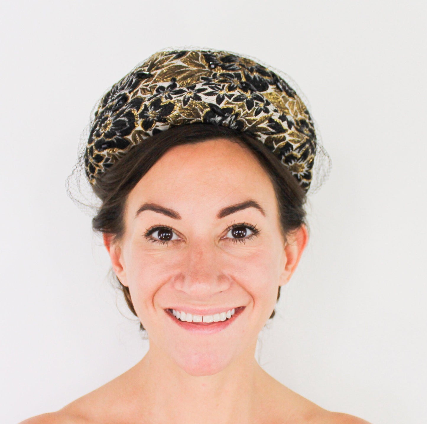 Vintage 1950s Black & Gold Brocade Pillbox Hat | Mr. Mac, Jackie O Style