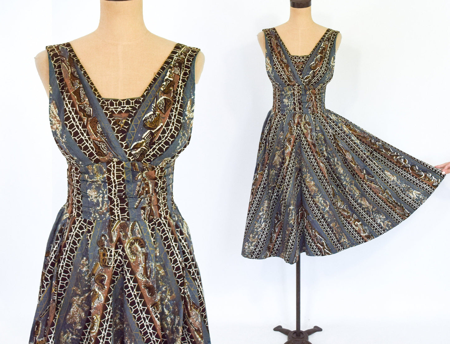 1950s Brown & Grey Hawaiian Tiki Dress, Extra Small
