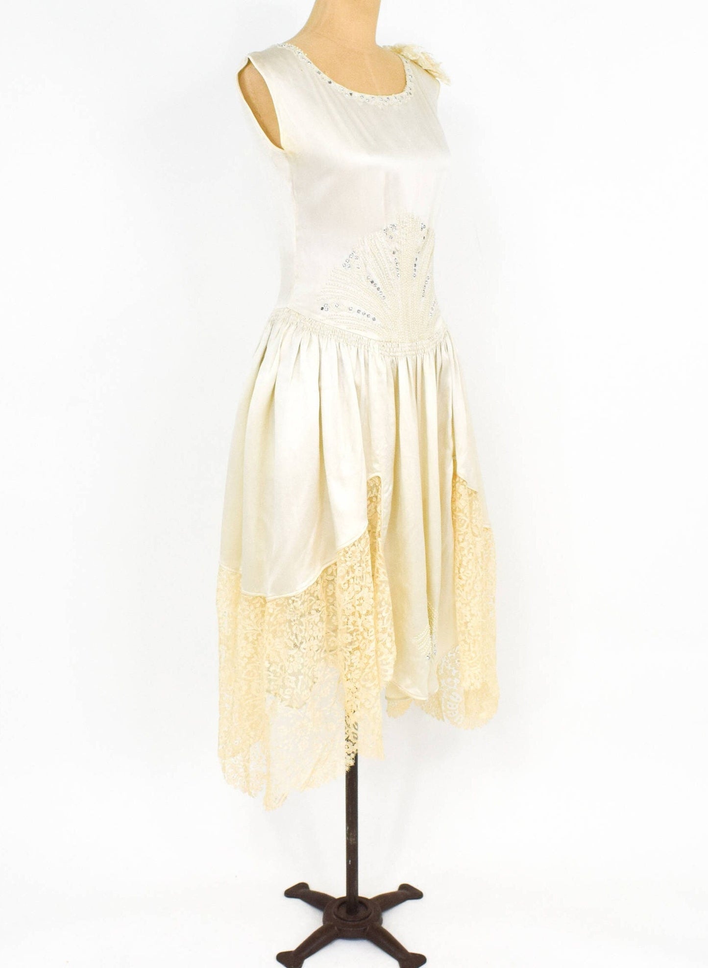 1930s  White Silk Beaded Wedding Dress with Rhinestones & Lace, Small