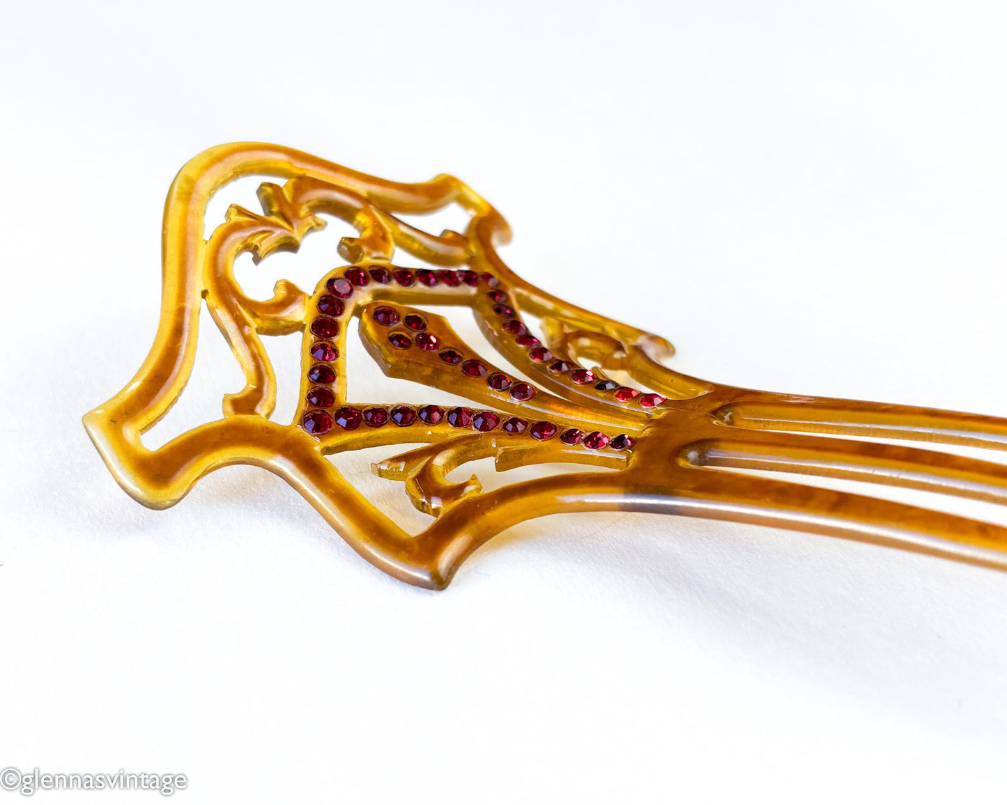1900s Brown Celluloid Mantilla Hair Comb, Red Rhinestones