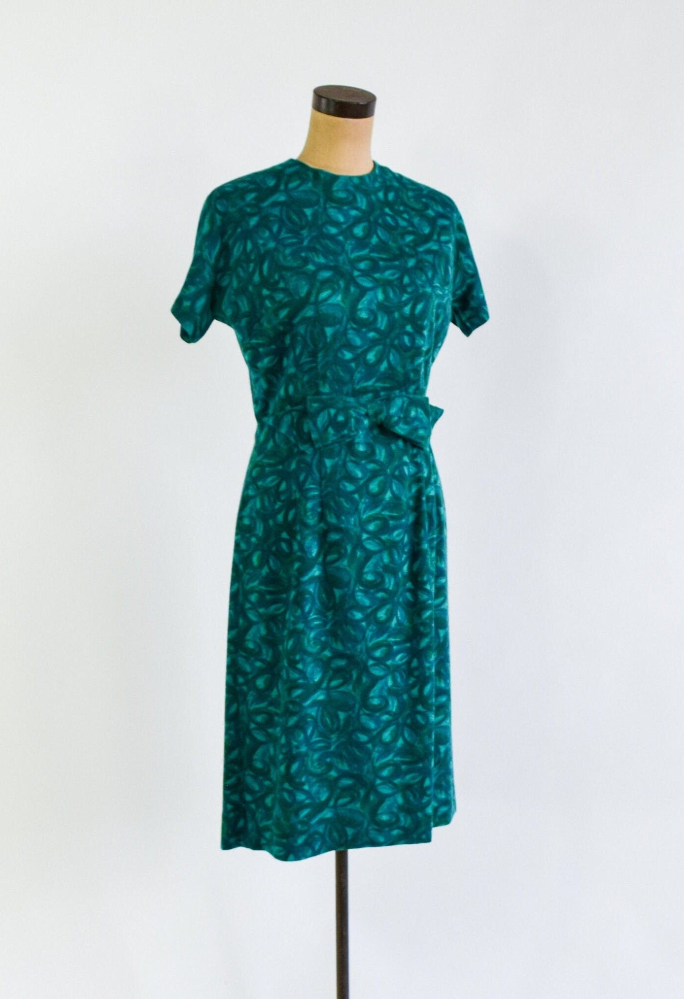 1960s Turquoise Green Floral Wool Knit Dress, Medium