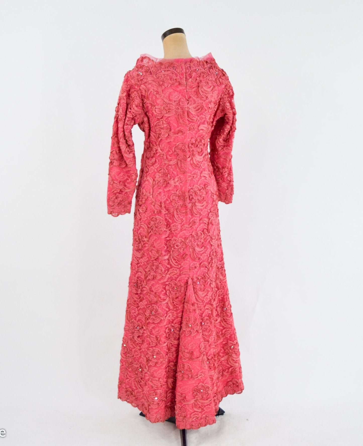 1940s Coral Pink Lace & Rhinestone Evening Gown | 40s Pink Soutache Lace Rhinestone Dress | Old Hollywood | Medium