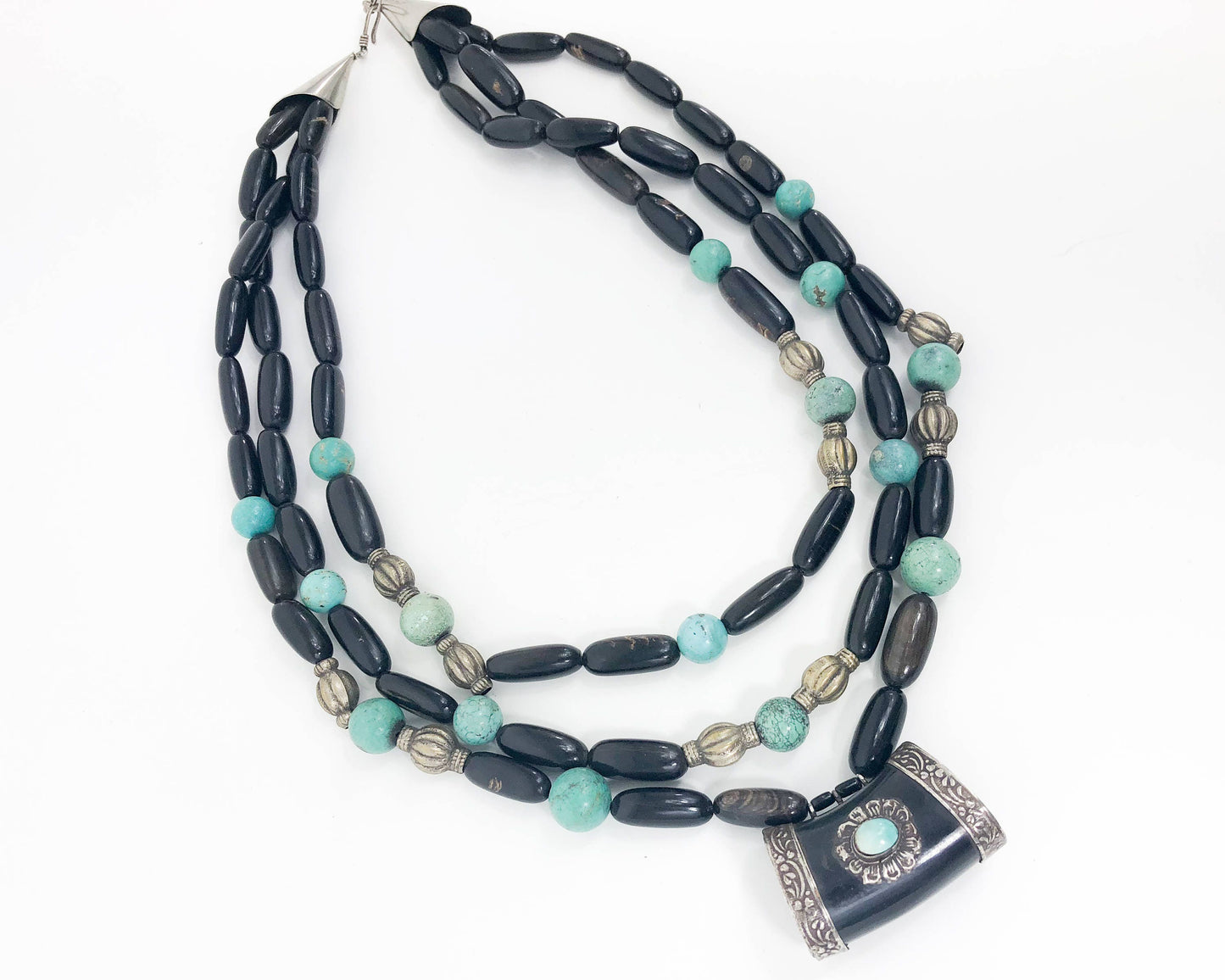 1970s Vintage Black Hippie Beaded Necklace | Black & Turquoise Necklace
