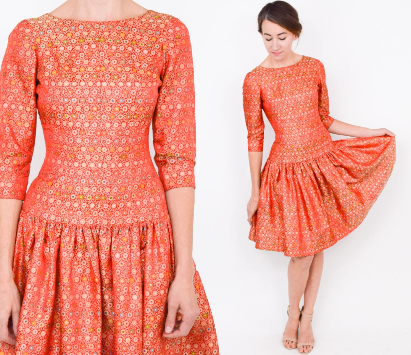 1950s Orange Silk Brocade Party Dress | Drop Waist, XS