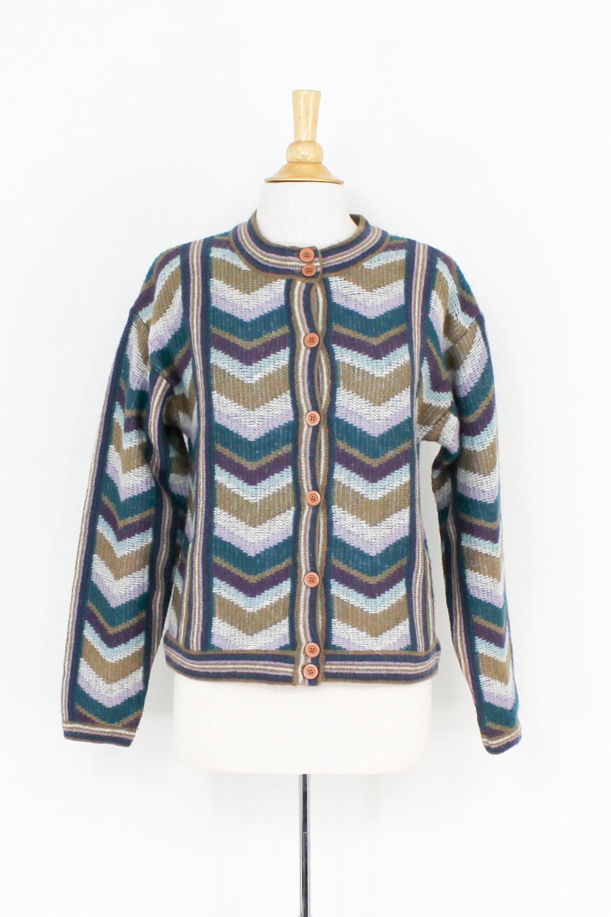 1960s Brown & Blue Chevron Cardigan Sweater, Medium